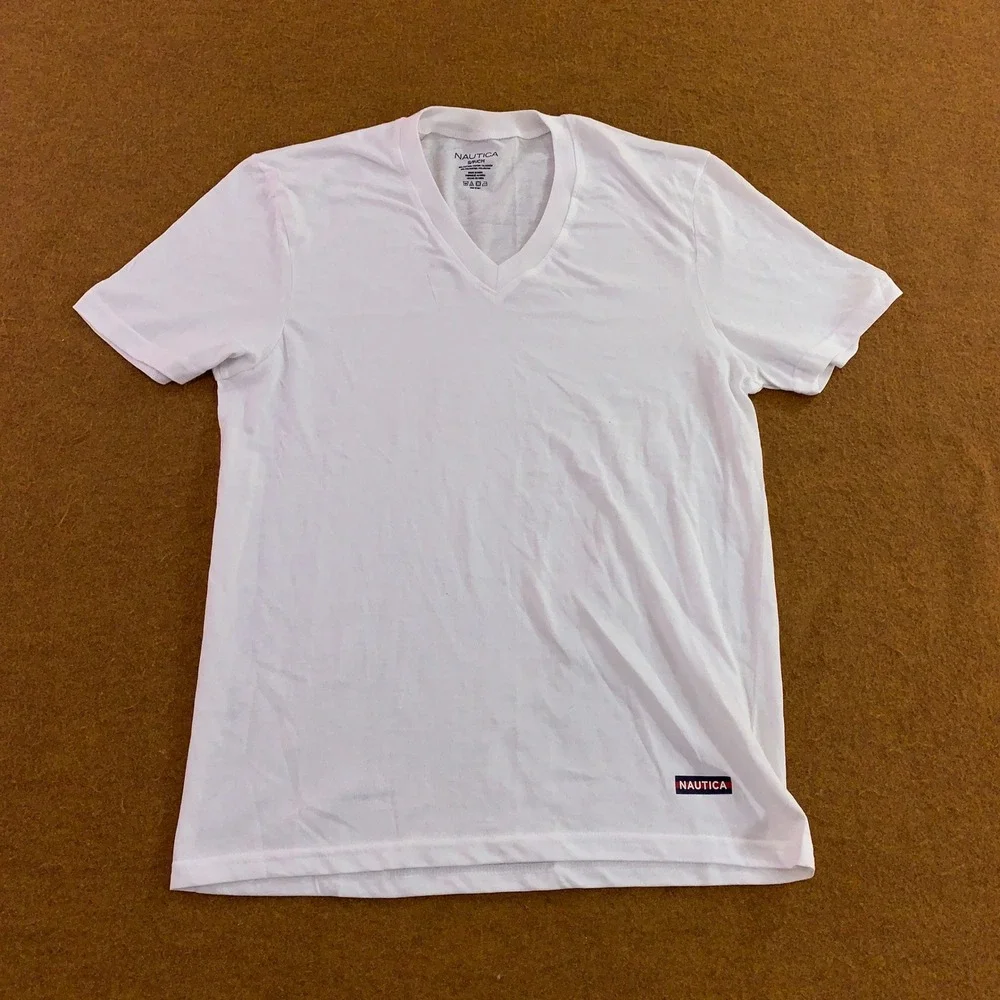 Nautica Mens Small White 5-Pack V-Neck Logo Cotton Blend T-Shirts New